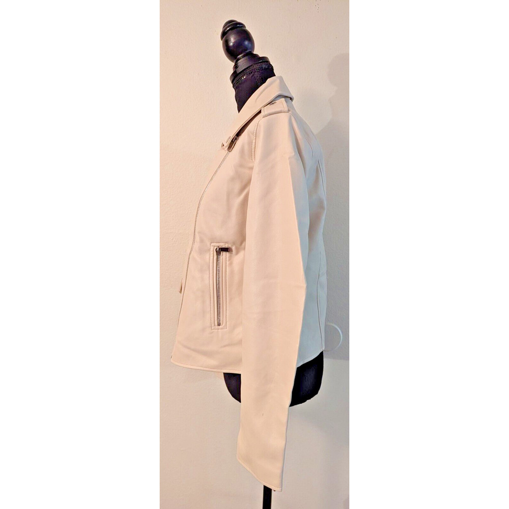New Lulus sz S Faux Vegan Leather Moto Biker Jacket zippers beige 4504 - Picture 2 of 4